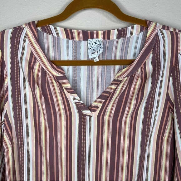 PETITE XL NAIF STRIPED TOP LIGHTWEIGHT PINK MAUVE WHITE  3/4 SLEEVE HENLEY NECK - Picture 4 of 9